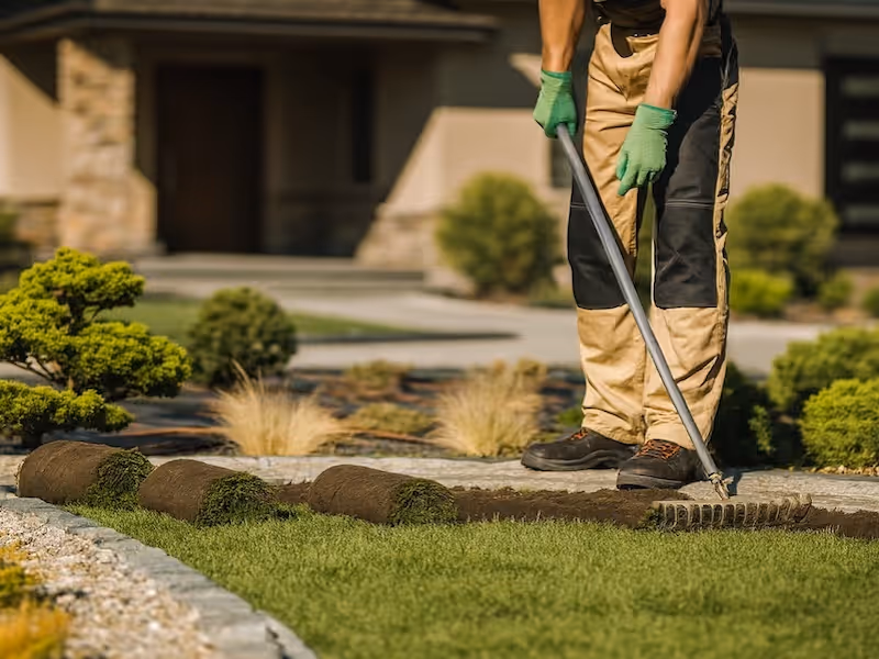 Person wearing gloves and work pants spreading soil with a rake near rolled sod in a garden.