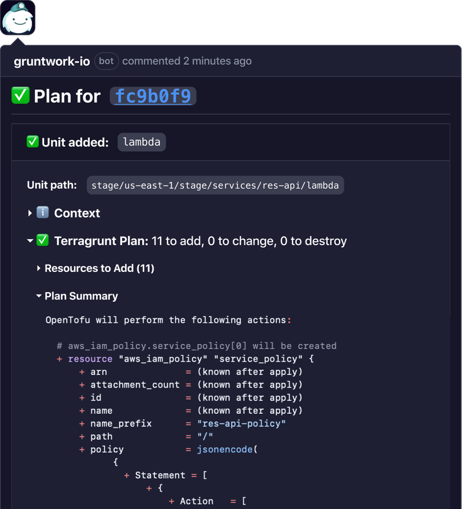 Terragrunt plan shown in a pull request comment