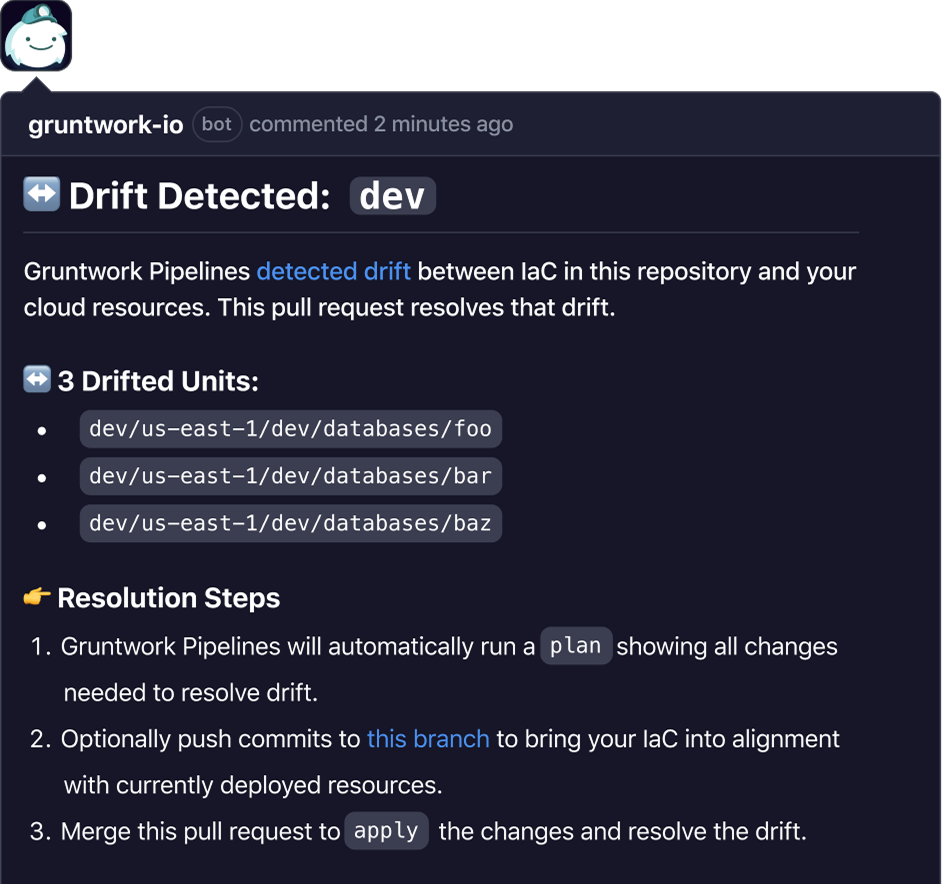 Terragrunt plan shown in a pull request comment