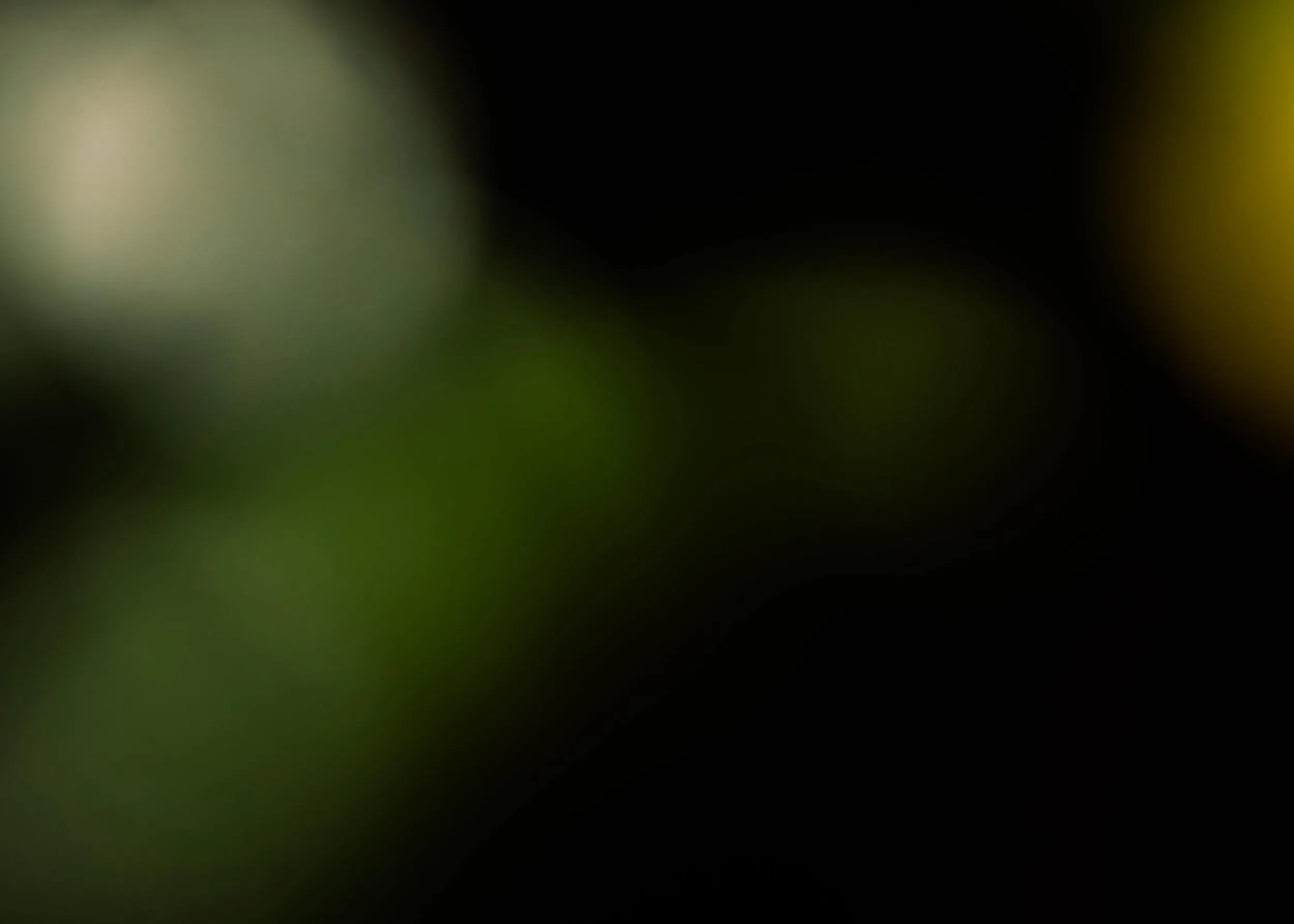 Abstract dark background with soft green and yellow blurred light spots.