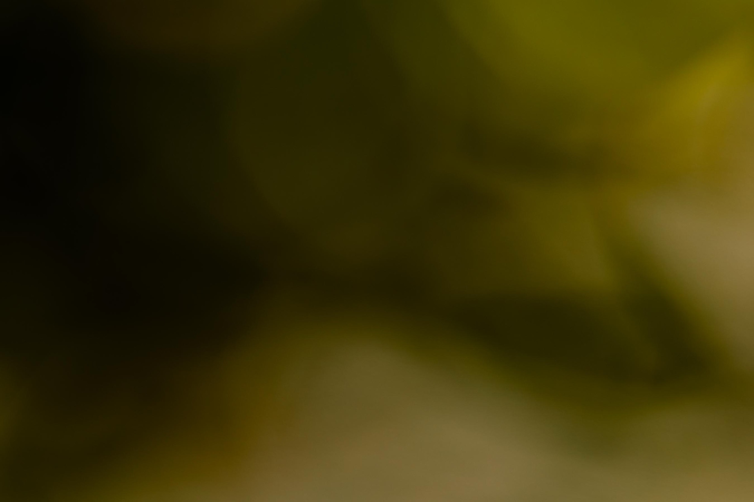 Abstract dark background with soft green and yellow blurred light spots.