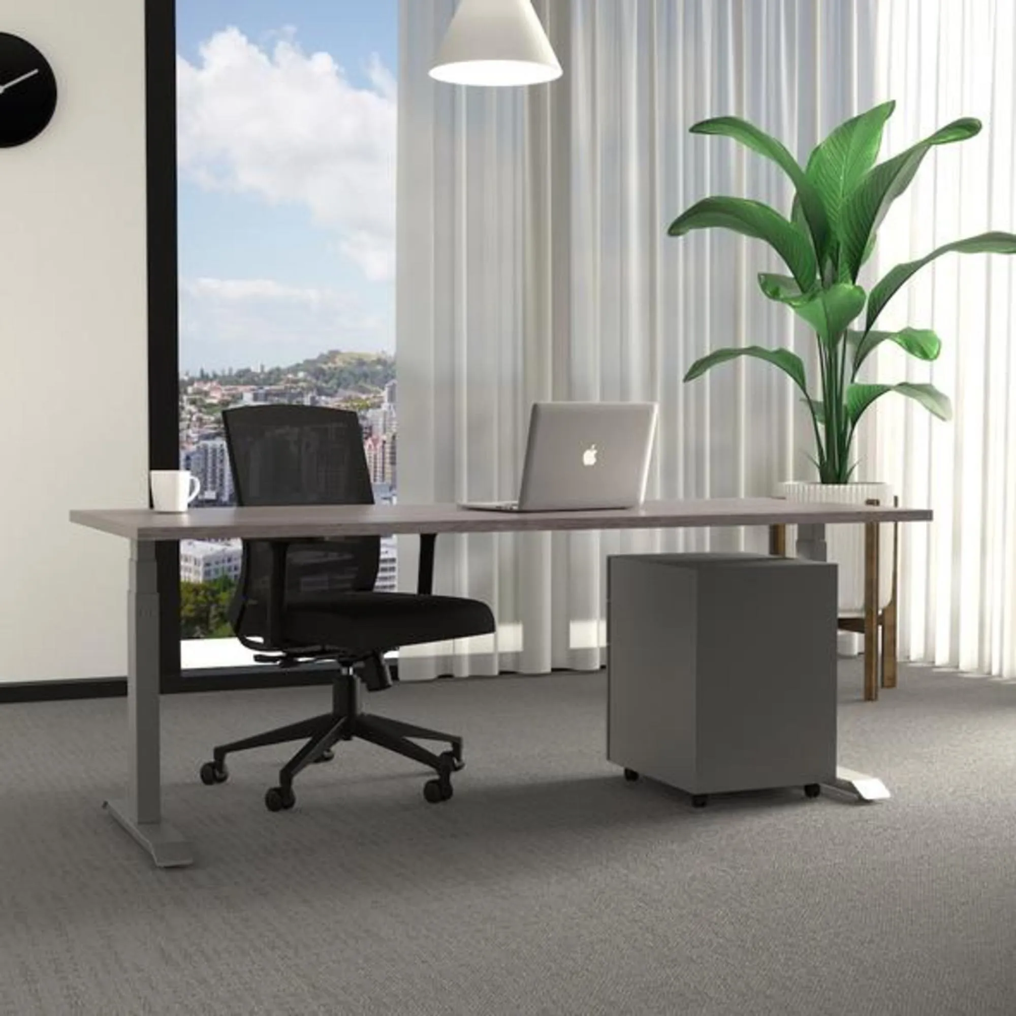 a black chair behind a desk