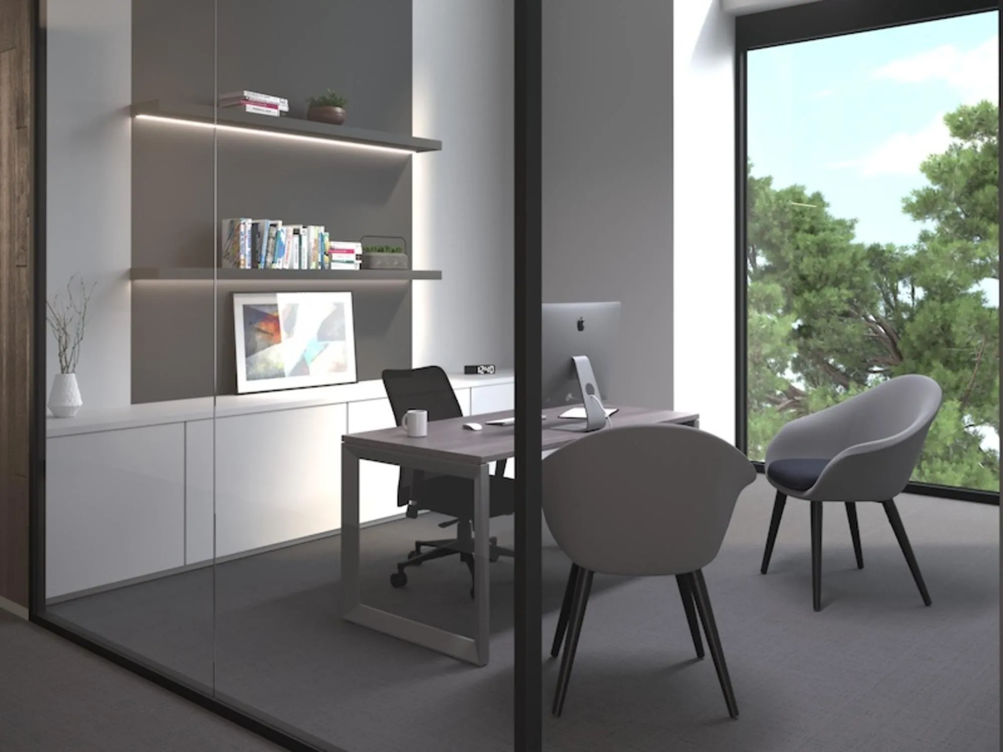 View of an organized office seen through glass panels