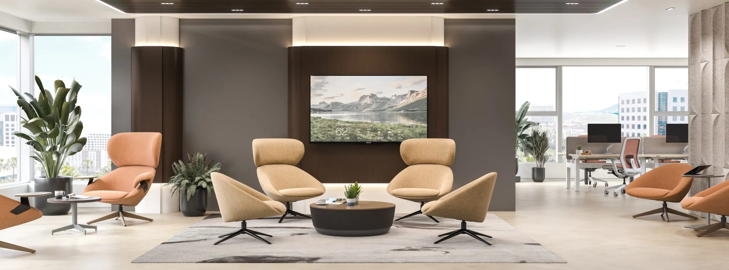 A large picture of a mountain is hanging on the wall.