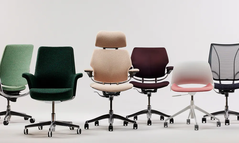 a row of colorful office chairs