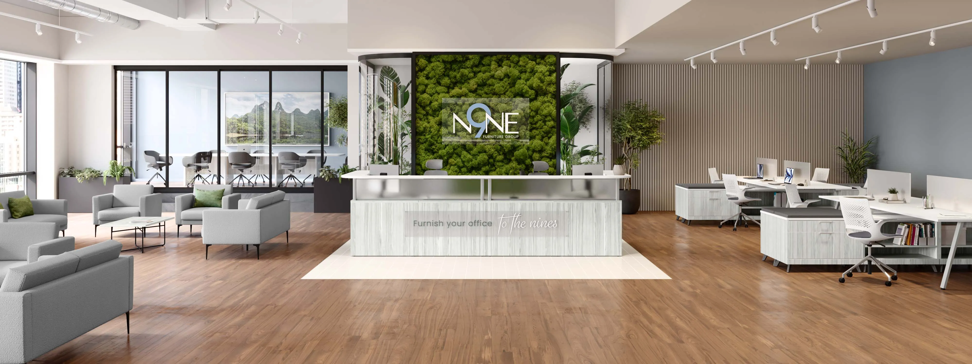 A large glass desk with a sign that says "N9ne".