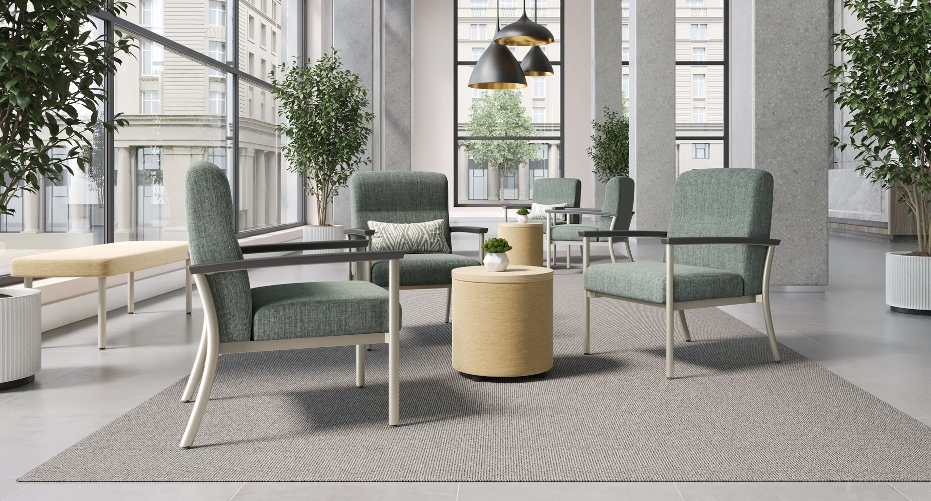 A large room with a table and chairs.