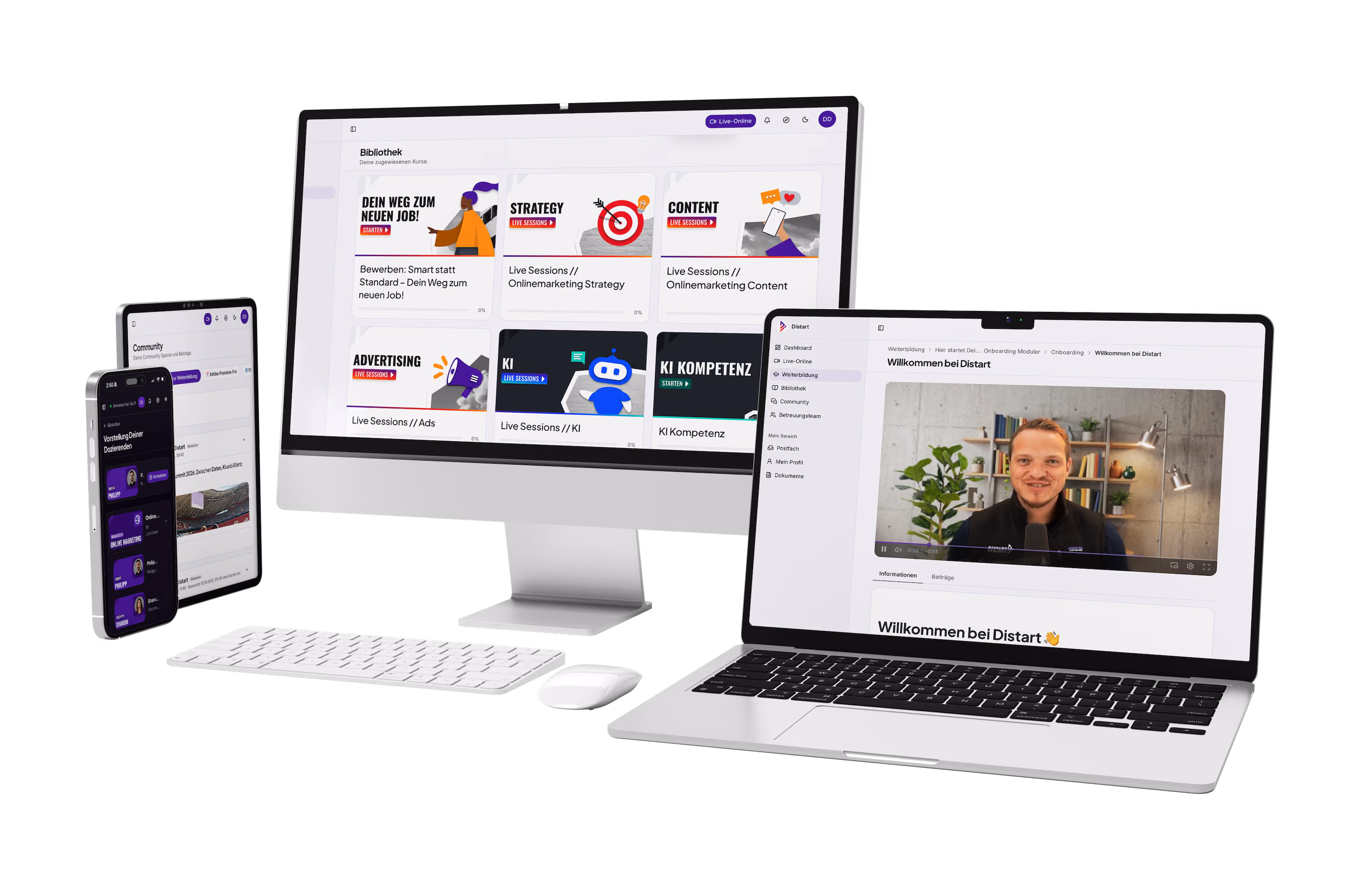 Computermonitor, Tablet und Smartphone zeigen das Distart-Online-Lernportal mit Kursübersicht und Kontaktbereich.