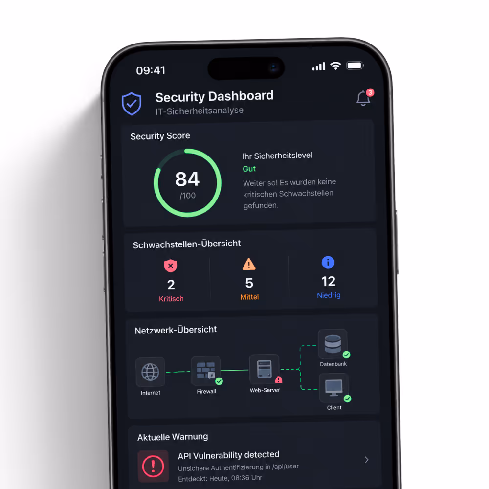 Smartphone zeigt IT-Sicherheitsdashboard mit Score 84, Schwachstellenübersicht und aktueller API-Warnung.