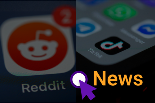 Die Grafik zeigt das Reddit App Symbol. Rechts unten steht das wort "News" in gelb neben einem lila Cursor-Symbol.links und die TikTok App rechts. 
