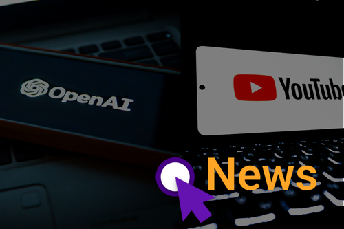 die grafik zeigt links ein smartphone mit dem open-ai-logo und rechts ein smartphone mit youtube logo. Rechts unten steht das wort "News" in gelb neben einem lila Cursor-Symbol.