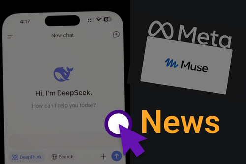 links ist ein smartphone mit geöffneter deepseek-app zu sehen. rechts im bild das meta-logo und muse-ai-logo.Rechts unten steht das wort "News" in gelb neben einem lila Cursor-Symbol.