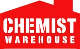 Chemist Warehouse logo with bold white text on a red background shaped like a warehouse roof.