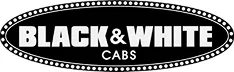 Black and White Cabs logo with bold text inside an oval dotted border.