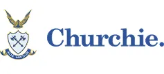 Churchie school crest featuring a shield with crossed swords and a bird above, next to the text 'Churchie.'