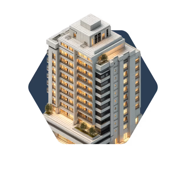 Hexagon-shaped graphic showing employee statistics such as nationalities and age.