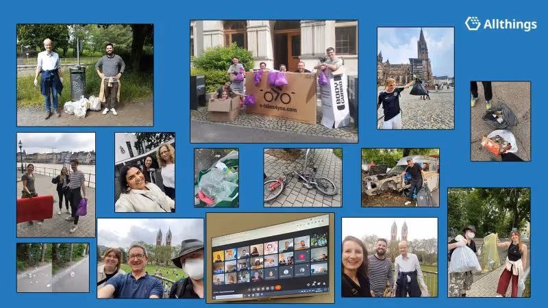 Collage of office spaces in Basel and Freiburg showcasing bright, modern work environments.
