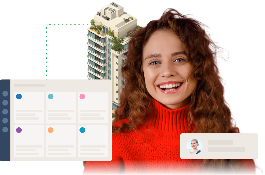 Product tile showing a woman and workflow icons representing efficient property management.