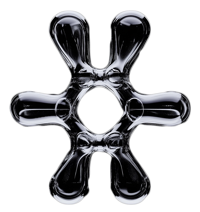 Transparent six-armed abstract shape with bulbous ends and a hollow center on a black background.