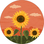 Illustration of three sunflowers with green leaves against an orange sky with clouds.