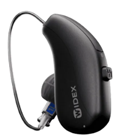 Black Widex behind-the-ear hearing aid with thin wire and earmold.