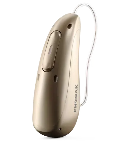 Beige Phonak hearing aid with a thin transparent wire.