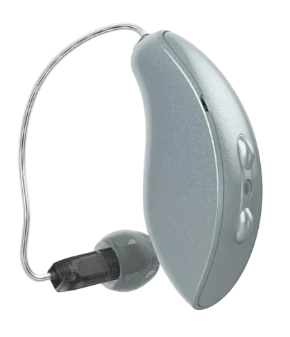 Silver behind-the-ear hearing aid with clear tubing and earbud.