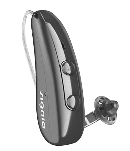 Black Signia hearing aid with volume and program control buttons and an ear dome.
