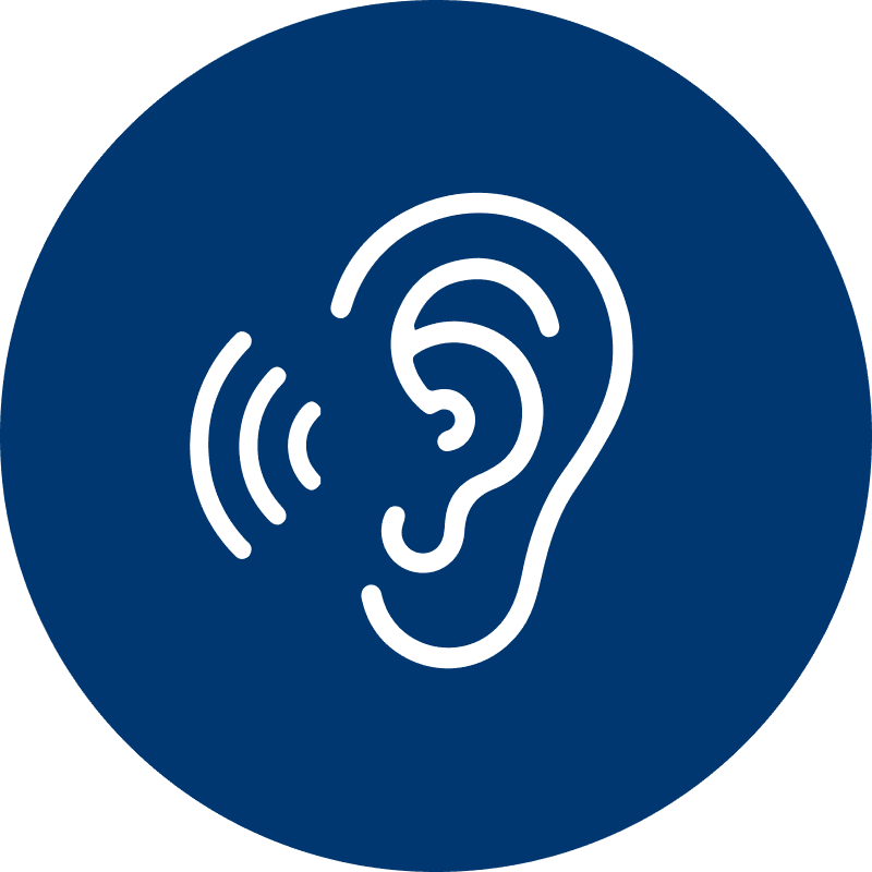 White ear icon with sound waves on blue circular background representing hearing or listening.