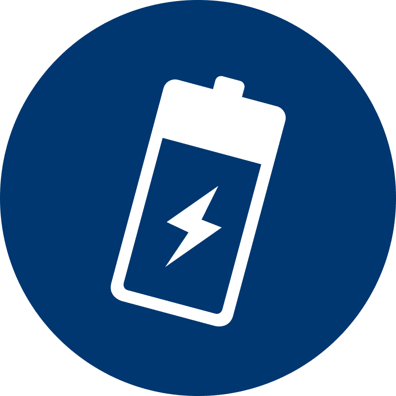White battery icon with a lightning bolt inside on a dark blue circular background.