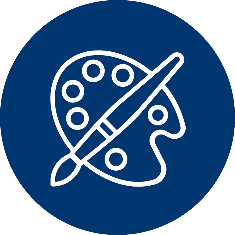 White paint palette and brush icon on a blue circular background.