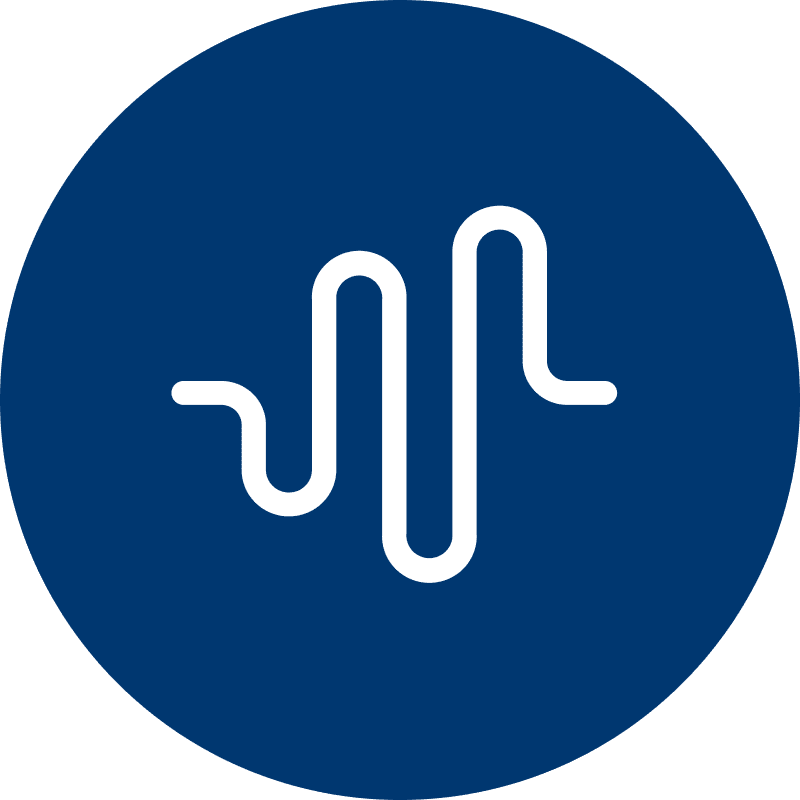 White stylized sound wave icon on a dark blue circular background.