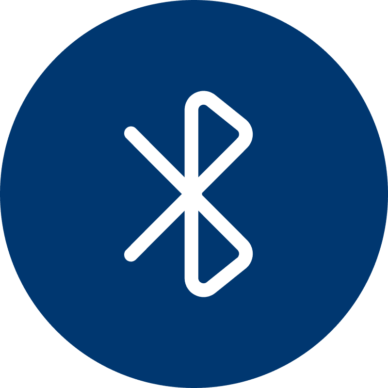 White Bluetooth symbol in a dark blue circular background.