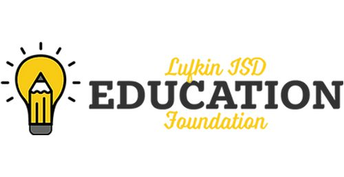 Logo of Lufkin ISD Education Foundation featuring a yellow light bulb shaped like a pencil with the foundation name in black and yellow text.