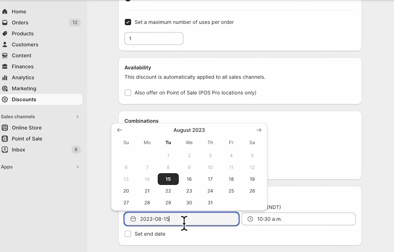 Shopify discount setup screen showing active date selection.