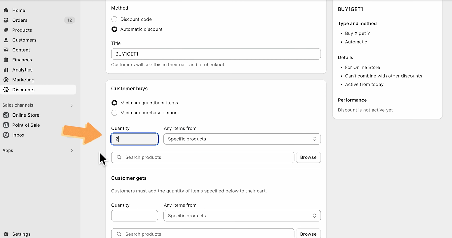 Shopify Buy X Get Y discount setup with quantity and product selection fields.