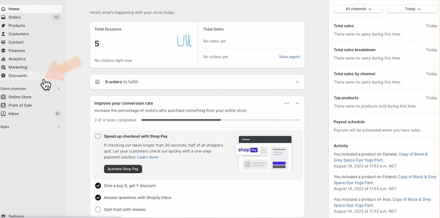 Shopify admin dashboard showing the Discounts section.