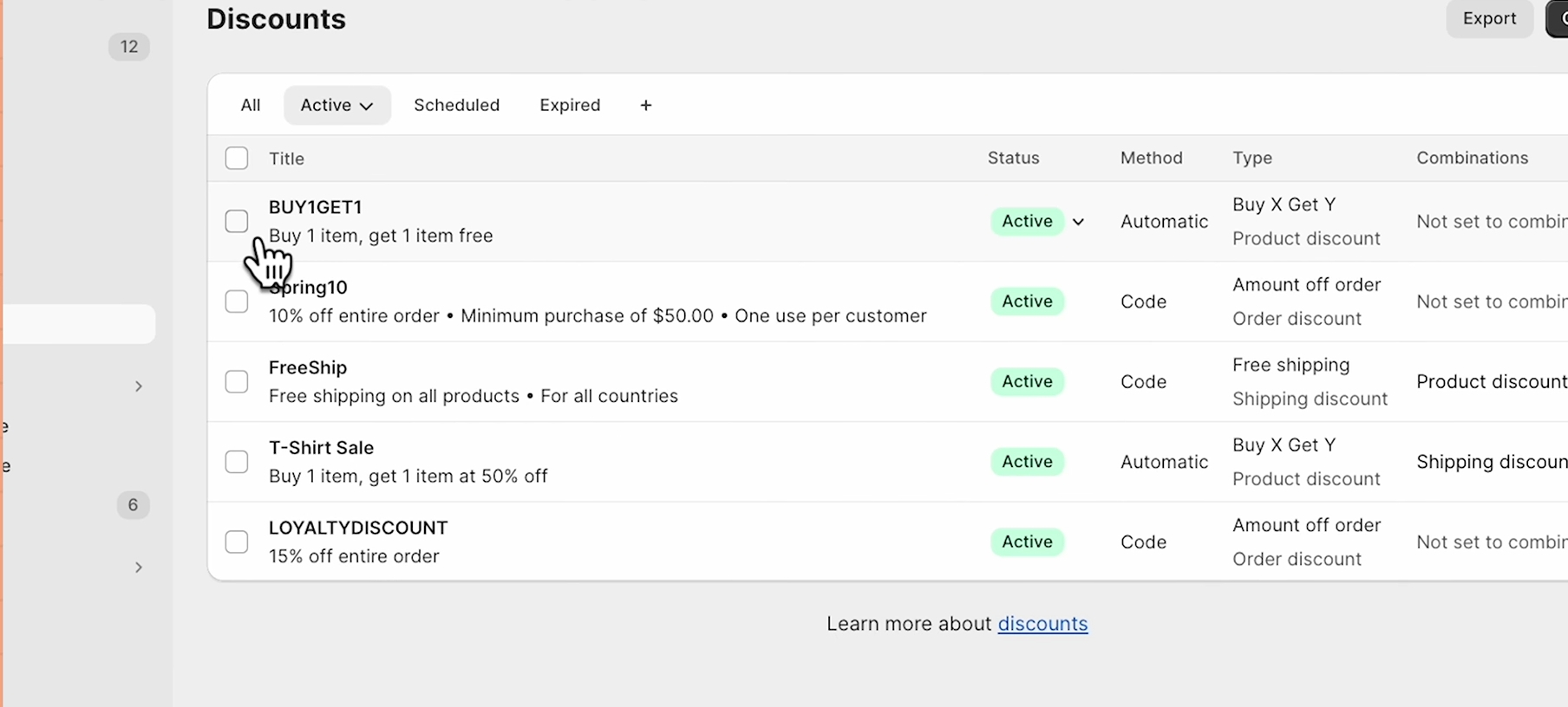 Shopify Discounts page showing an active Buy X Get Y discount.