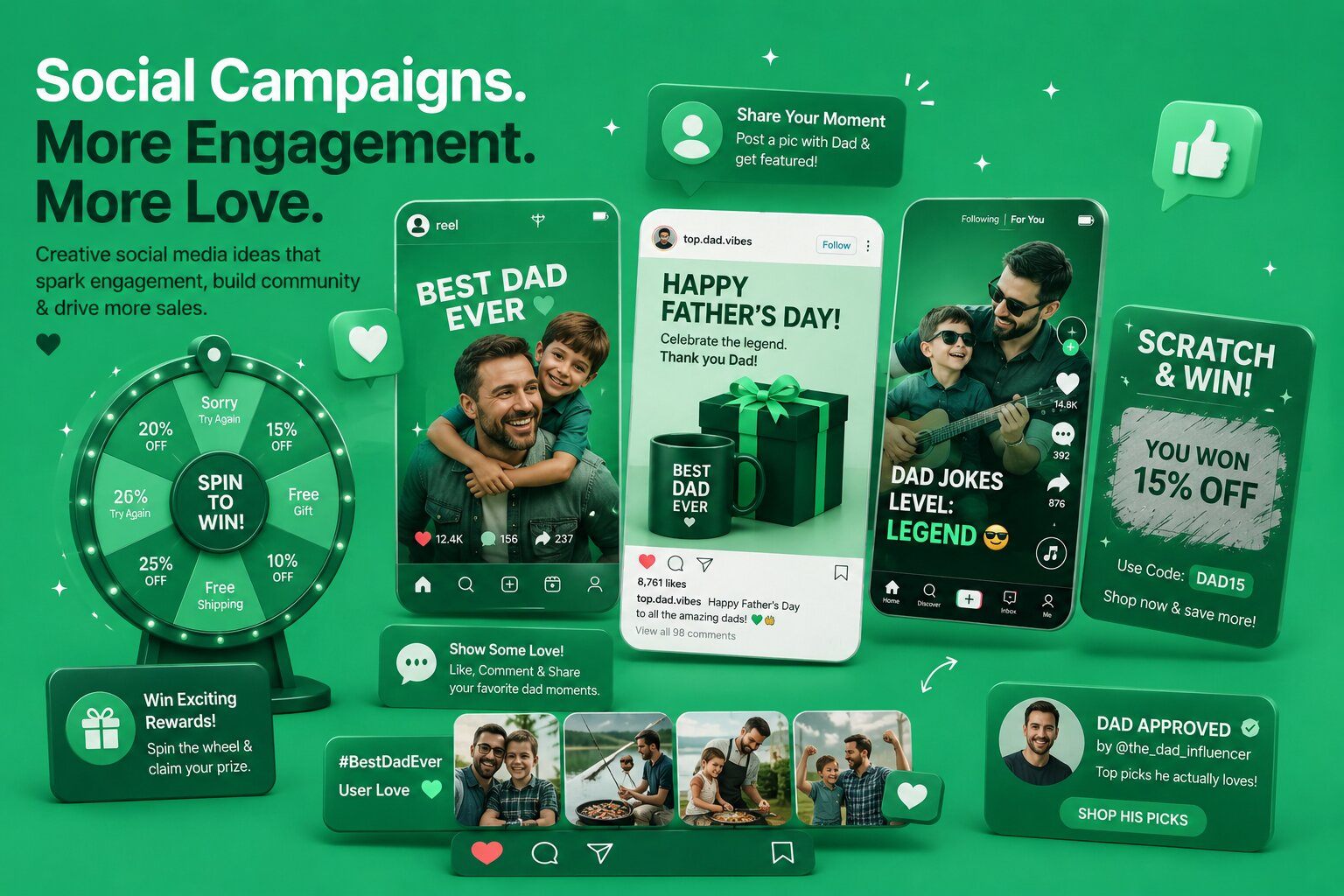 Father’s Day social media campaign banner with spin wheel, influencer posts, and scratch card offers.