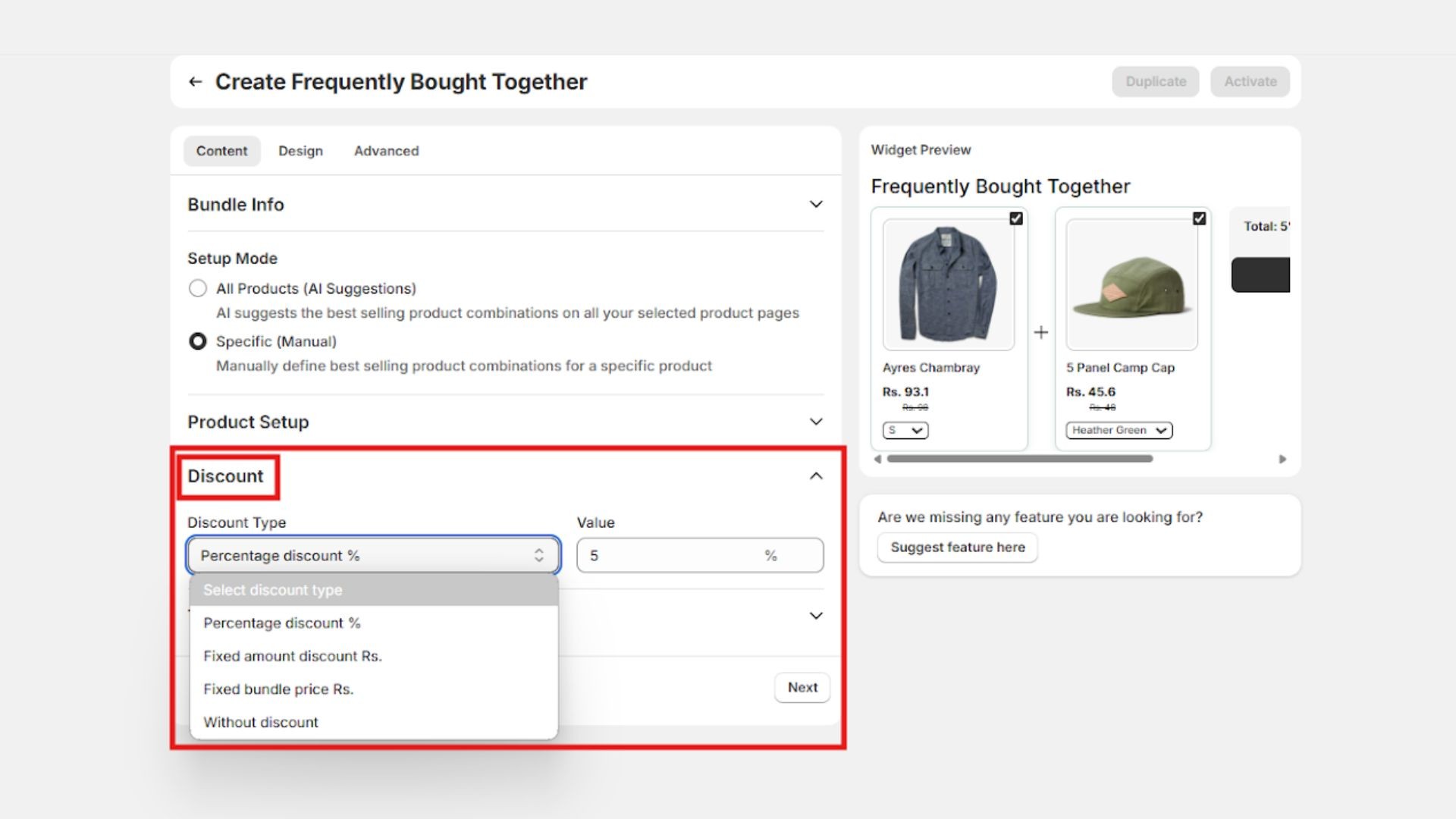 Discount settings for Frequently Bought Together bundle offer