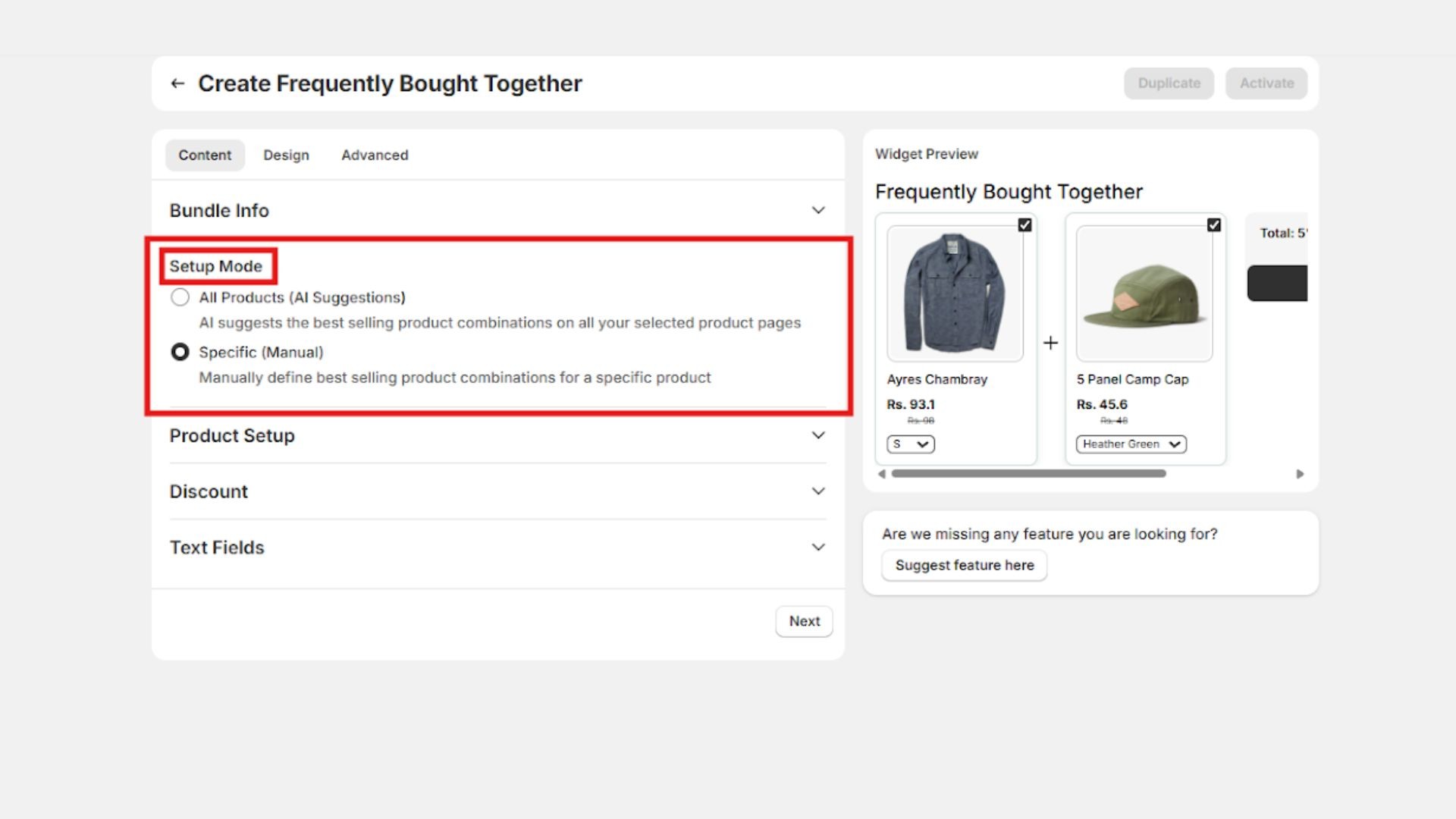 Frequently Bought Together setup mode options in Shopify