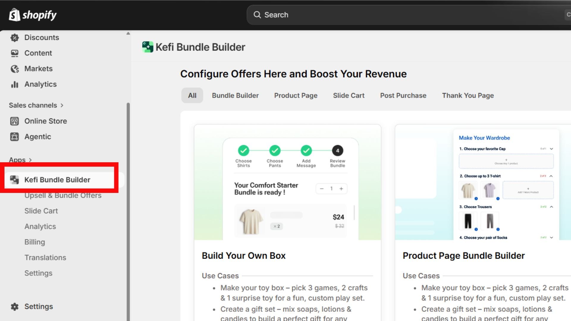 Shopify admin dashboard showing Kefi Bundle Builder app interface