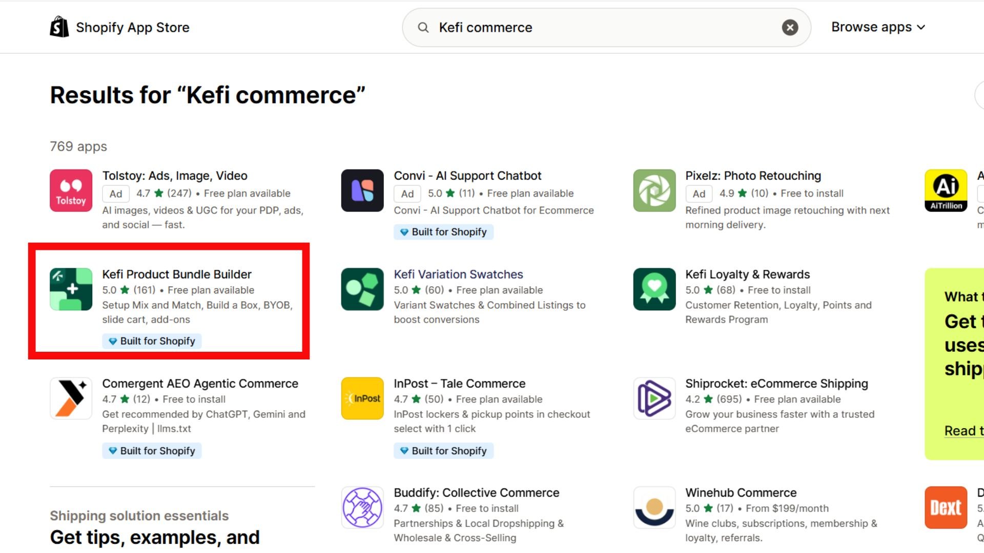 Shopify App Store search results highlighting Kefi Product Bundle Builder app