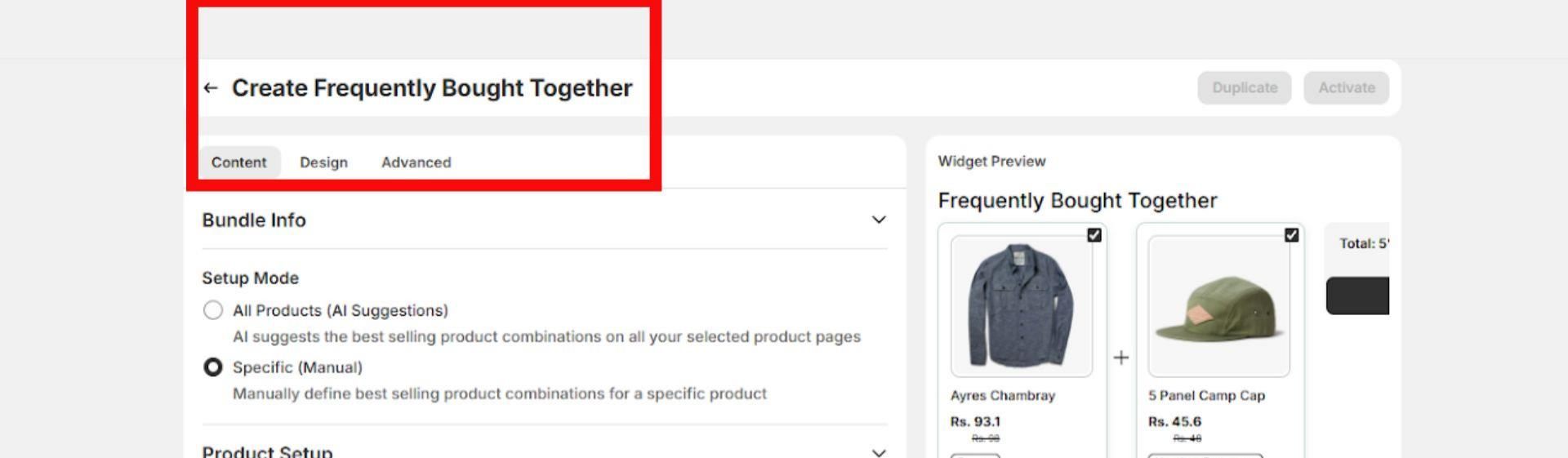 Frequently Bought Together bundle setup screen in Shopify