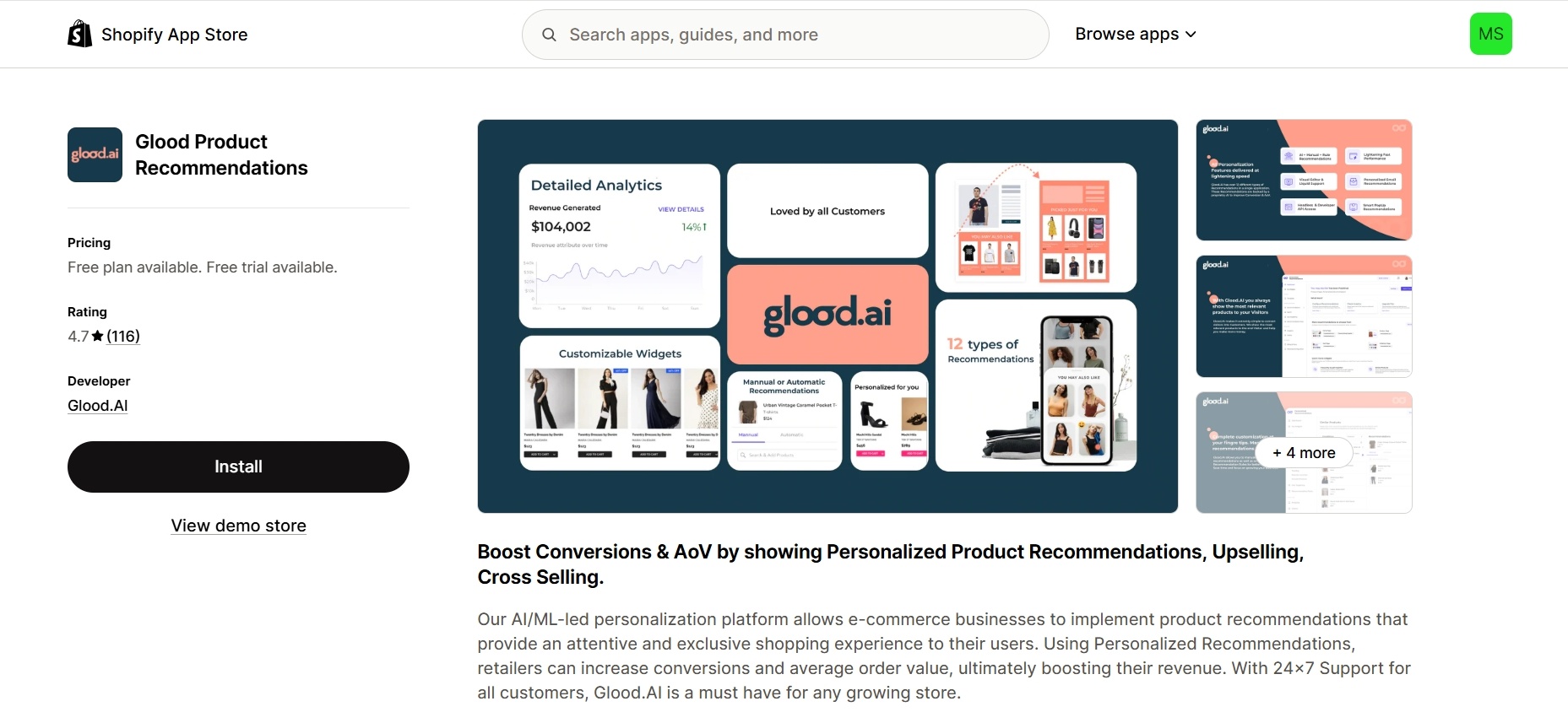 Glood.AI personalized product recommendations for Shopify