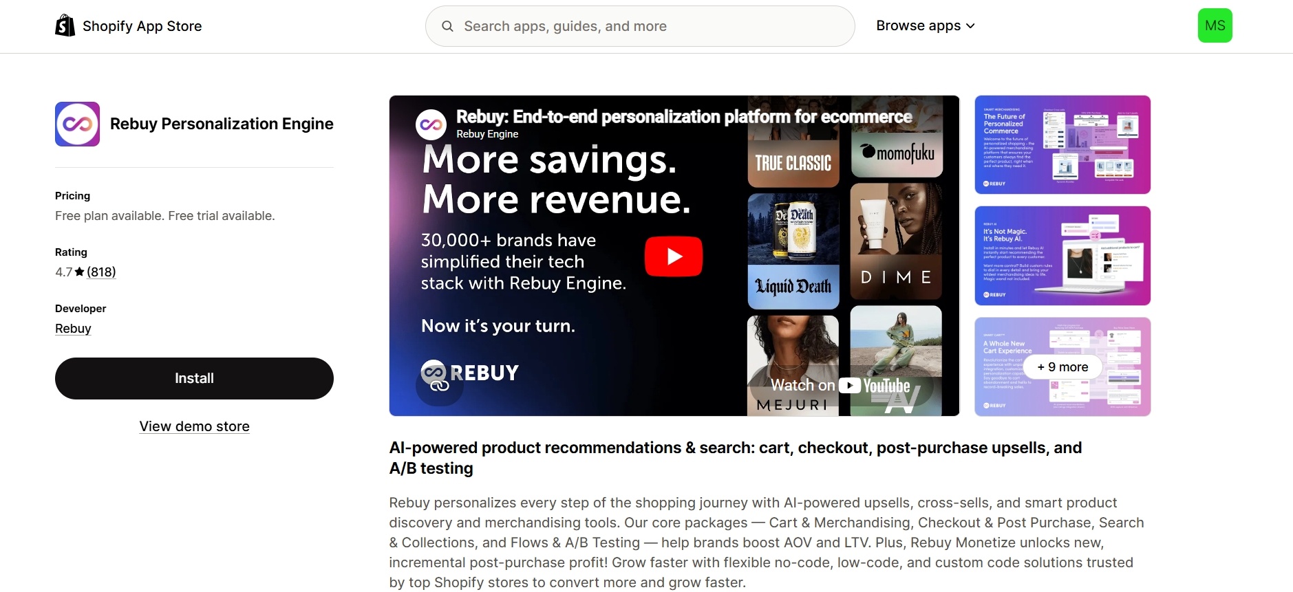 Rebuy AI personalization and upsell platform for Shopify