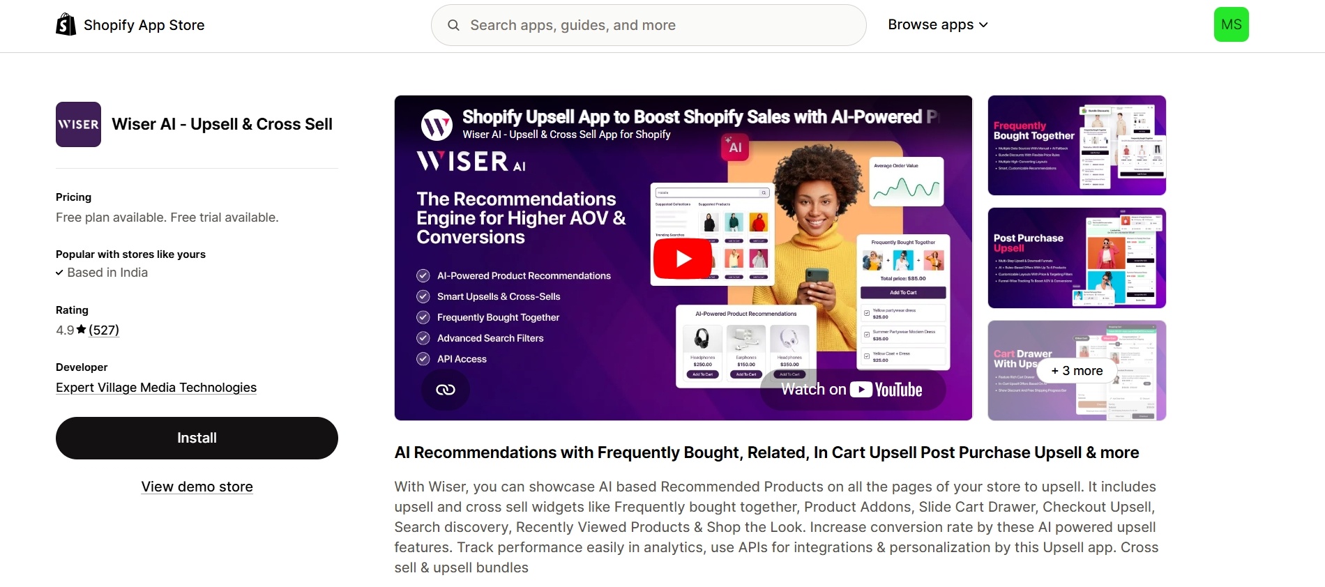 Wiser AI product recommendations and upsell app for Shopify