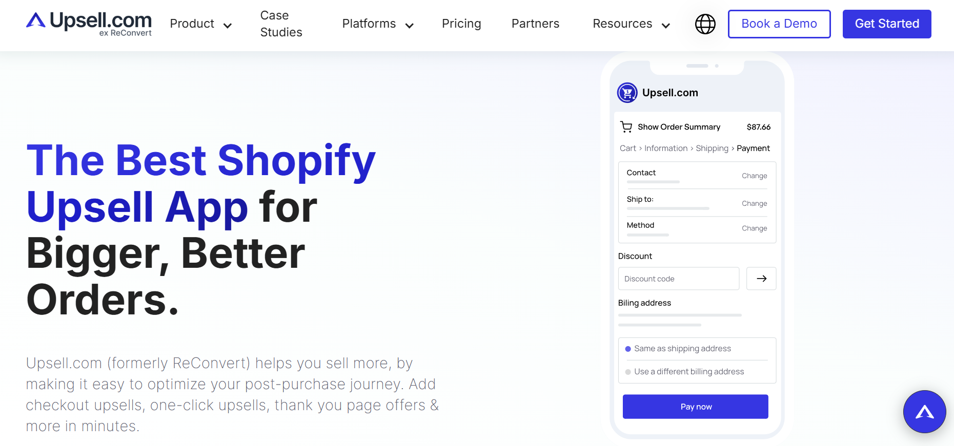 Screenshot of the homepage of Upsell.
