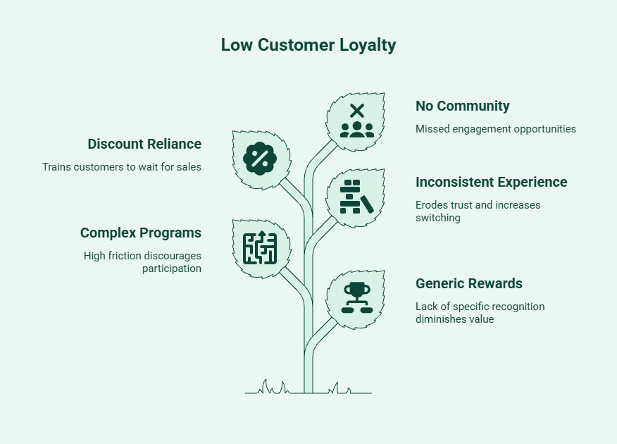 Infographic highlighting factors that reduce customer loyalty, including discount reliance, complex loyalty programs, lack of community engagement, inconsistent customer experiences, and generic rewards.