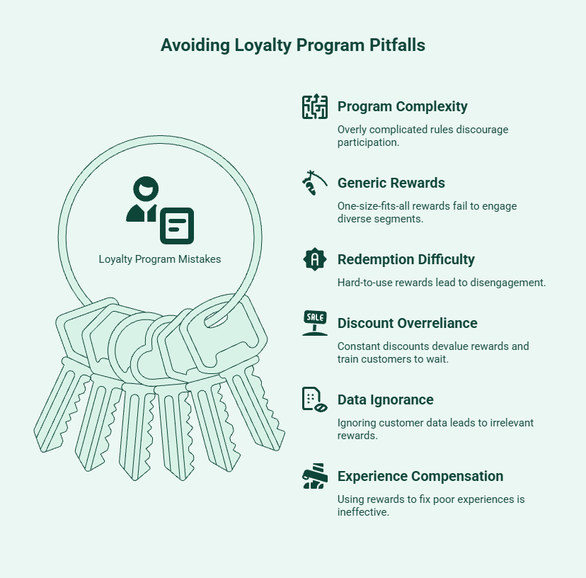 Infographic highlighting common loyalty program mistakes businesses should avoid, including program complexity, generic rewards, redemption difficulties, discount overreliance, ignoring customer data, and using rewards to compensate for poor customer experiences.